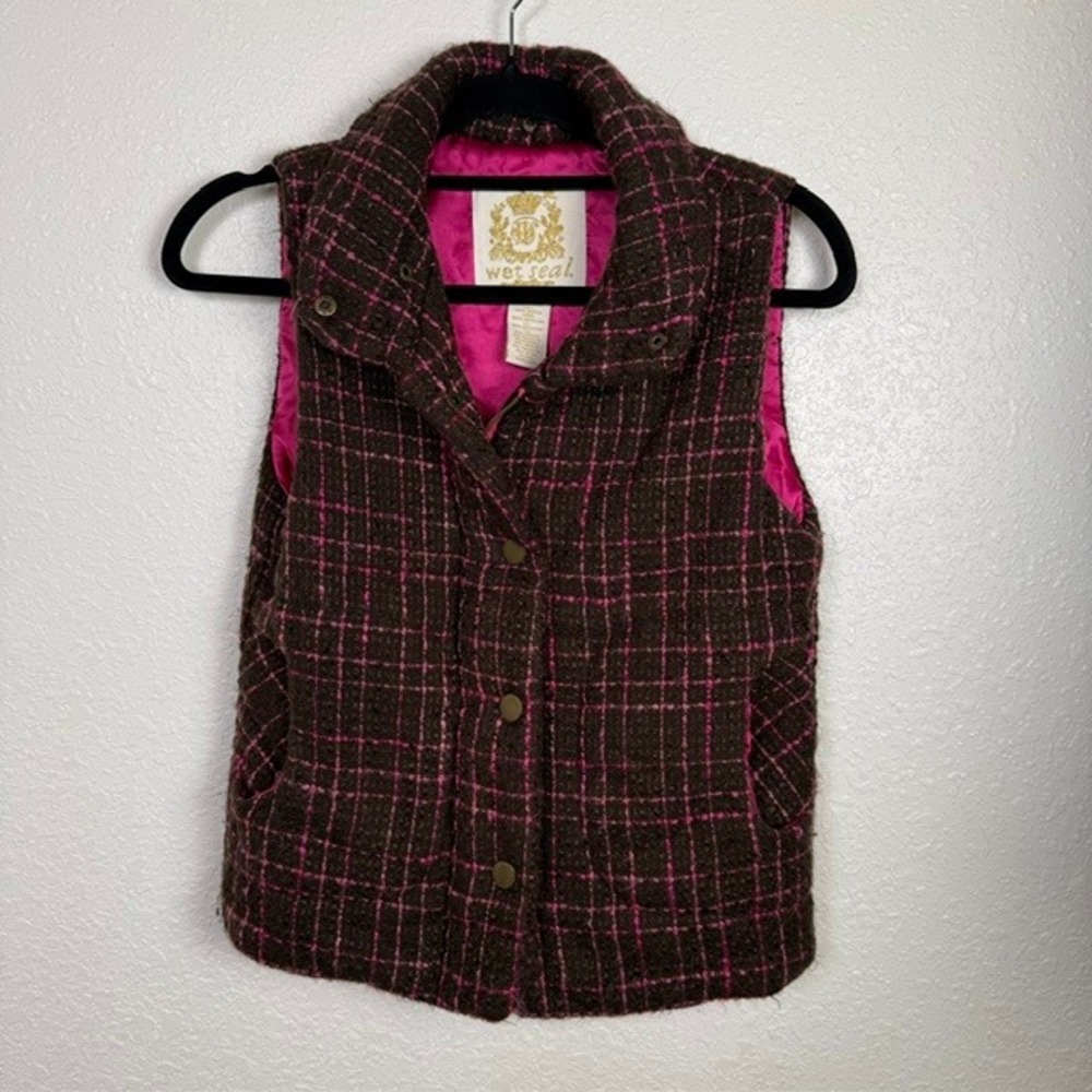 Wet Seal Vintage Tweed Puffer Vest Plaid Button Up Brown Pink‎ Small